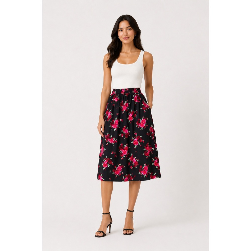 City Chic Size XXS 12 Black Red Rose Floral Midi Skirt High Waist Pockets Retro